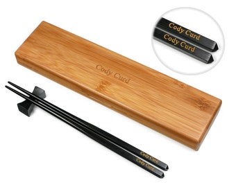 Personalized Ebony Wood Chopsticks Set, Engraved Bamboo Case & Rest