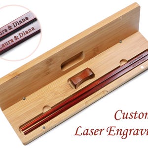 1 Pair Red Rosewood Chopsticks Custom Engraving, Square Handles Chinese Chopsticks, Personalized Christmas Gift Set with Rest Bamboo Box