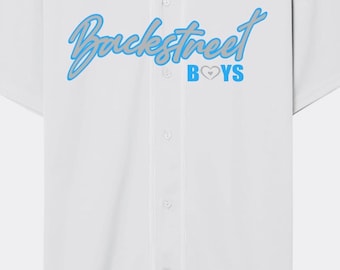 May include: White baseball jersey with the text "Backstreet Boys" in blue script across the chest. The word "BOYS" is below the script, with a heart symbol. The jersey has a button-up front and short sleeves.