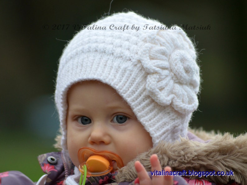 Knitting Pattern Snowy Flower Bonnet Baby and Toddler sizes image 1