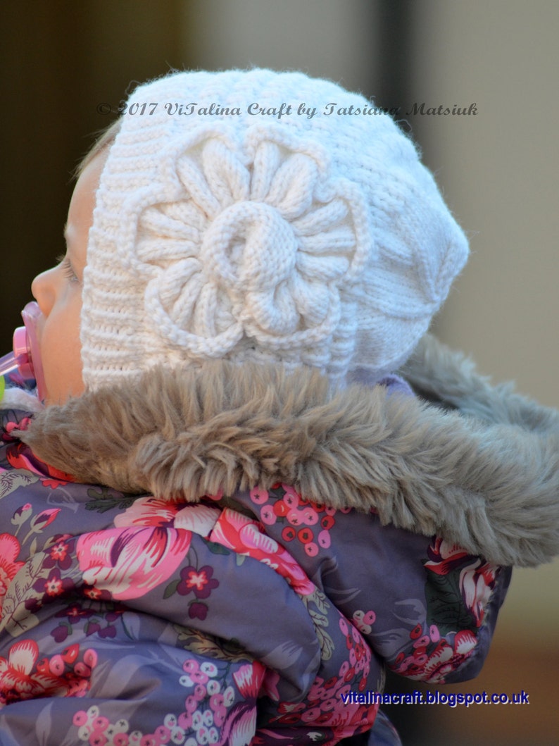 Knitting Pattern Snowy Flower Bonnet Baby and Toddler sizes image 3