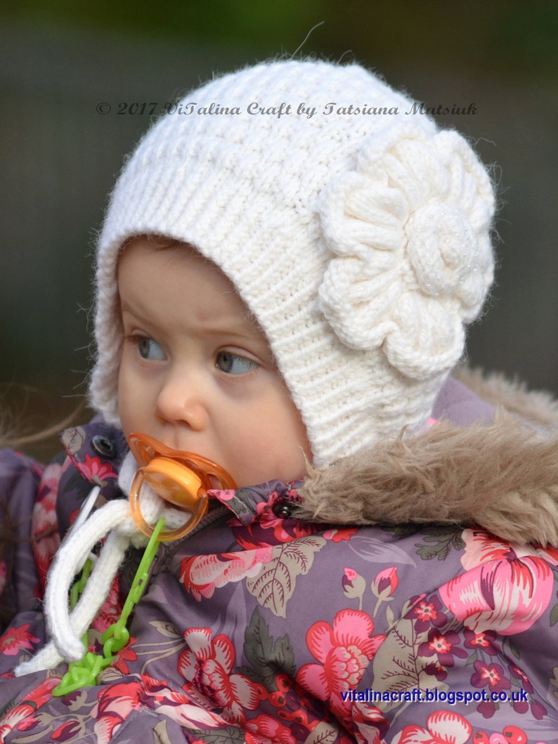 Knitting Pattern Snowy Flower Bonnet Baby and Toddler sizes image 5