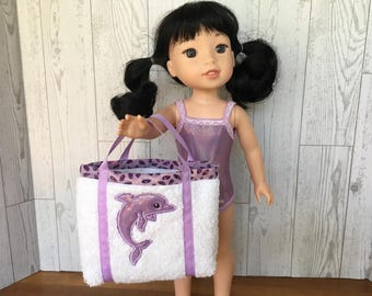 Traje de baño lavanda brillante y bolso de playa con delfín para muñecas de 14 pulgadas