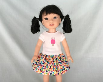 Popsicle T-Shirt and Polka Dot Skirt for 14 Inch Dolls