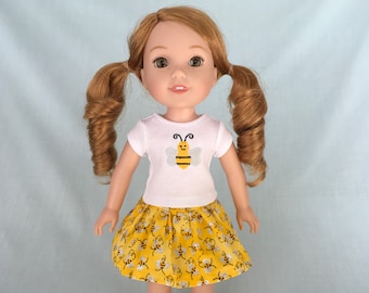 Bumble Bee T-Shirt and Yellow Bee Print Skirt for 14 Inch Dolls