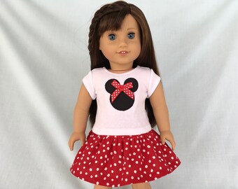 Minnie Mouse T-Shirt and Polka Dot Skirt for American Girl/18 Inch Doll