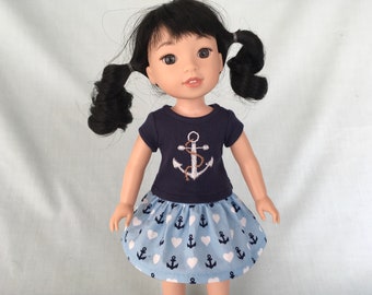 Nautical Anchor T-Shirt and Anchor Print Skirt for 14 Inch Dolls