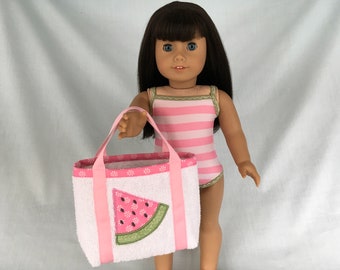 Pink Striped Bathing Suit and Watermelon Beach Bag for American Girl/18 Inch Doll