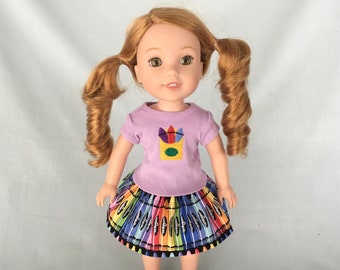 Crayons T-Shirt and Crayon Print Skirt for 14 Inch Dolls