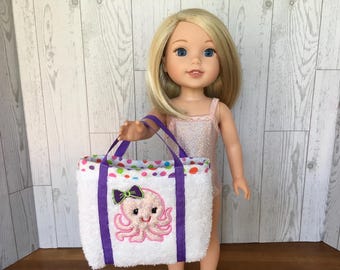 Traje de baño rosa brillante y bolso de playa con forma de pulpo para muñecas de 14 pulgadas