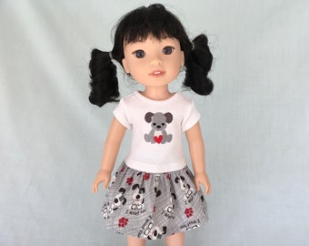 Puppy Love T-Shirt and Puppy Print Skirt for 14 Inch Dolls