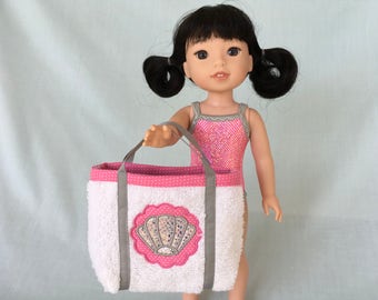 Pink and Silver Dot Bathing Suit and Seashell Beach Bag for Wellie Wisher 14.5 Inch Doll