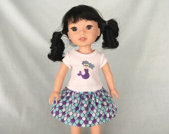 Mermaid T-Shirt and Fish Scale Print Skirt for 14 Inch Dolls