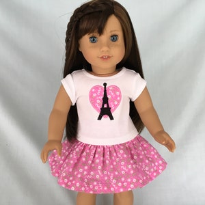Pink Paris Eiffel Tower T-Shirt and Pink Print Skirt for American Girl/18 Inch Doll