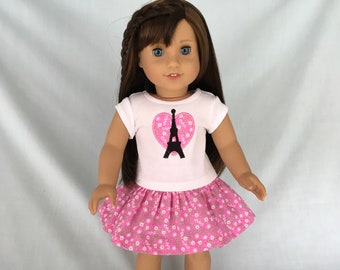 Pink Paris Eiffel Tower T-Shirt and Pink Print Skirt for American Girl/18 Inch Doll