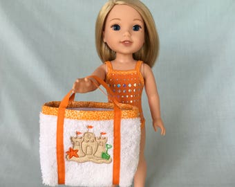 Orange and Silver Dot Bathing Suit and Sandcastle Beach Bag for Wellie Wisher 14.5 Inch Doll