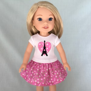Pink Paris Eiffel Tower T-Shirt and Pink Print Skirt for 14.5 Inch Dolls
