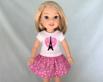 Pink Paris Eiffel Tower T-Shirt and Pink Print Skirt for 14 Inch Dolls