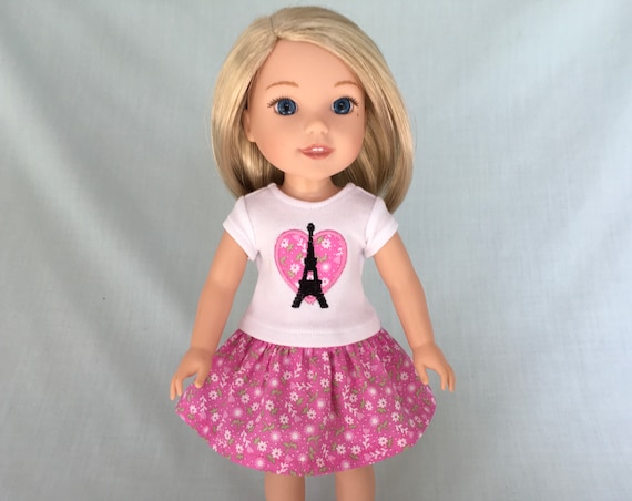 Pink Paris Eiffel Tower T-Shirt and Pink Print Skirt for 14 Inch Dolls