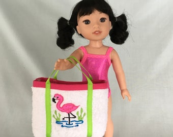 Pink Sparkly Bathing Suit and Flamingo Beach Bag for Wellie Wisher/14.5 Inch Doll