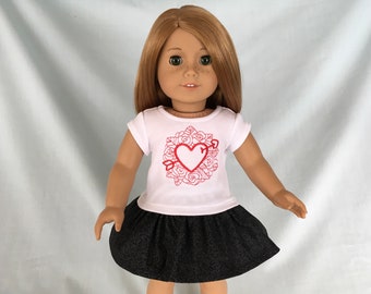 Red Heart and Rose Valentine T-Shirt and Black Skirt for 18 Inch Dolls