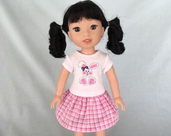 Easter Bunny T-Shirt and Pink Plaid Print Skirt for 14 Inch Dolls