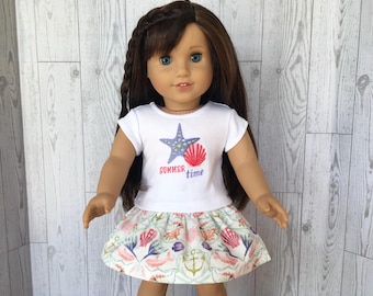 Seashell T Shirt and Nautical Print Skirt for 18” Dolls