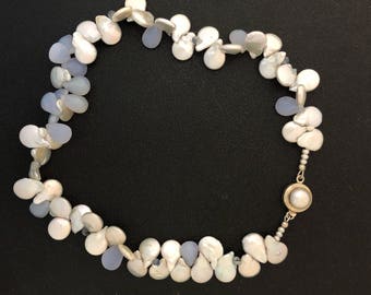 Pearl and blue chalcedony teardrop neclace