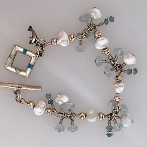 Sterling Silver wire wrapped Aquamarine and Freshwater pearl bracelet.