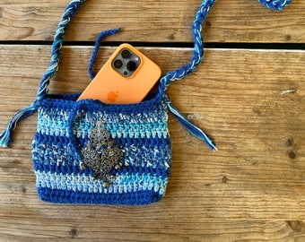 Handmade purse in pure cotton crochet bag mobile phone holder shoulder bag turquoise blue