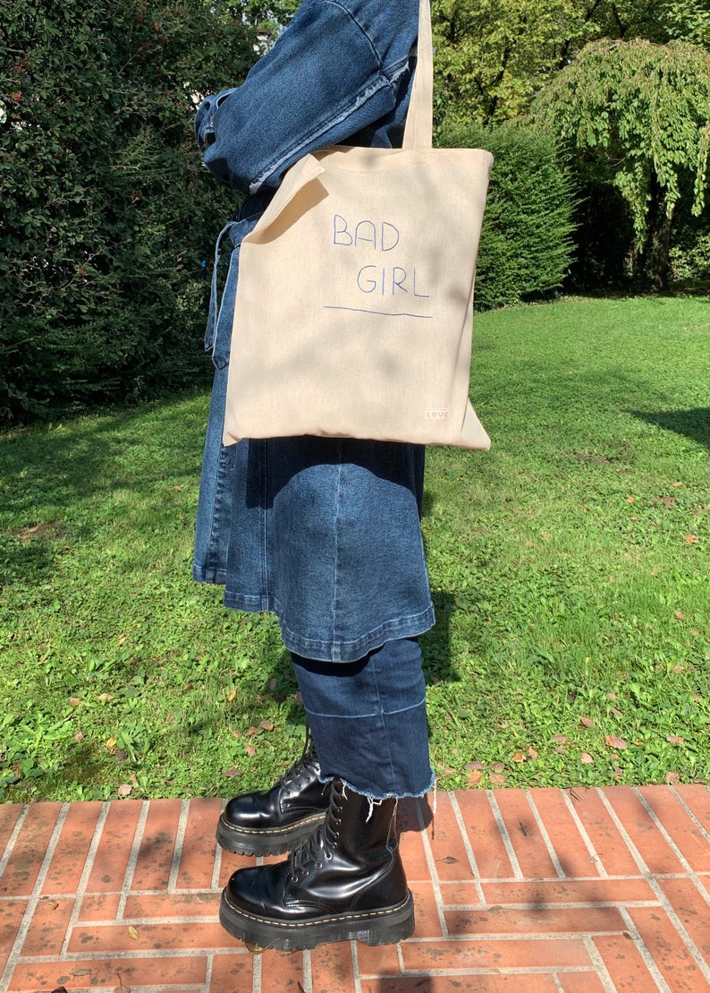 bad girl Hand-embroidered cotton fabric bag shopping bag handmade tote bag