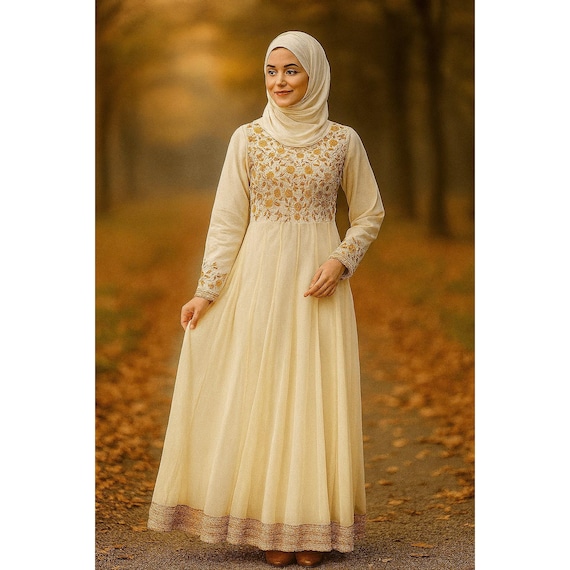 Embroidered Off White Abaya: Muslim Occasion Wear Gown with Hijab Embroidered Off White Abaya: Muslim Occasion Wear Gown with Hijab