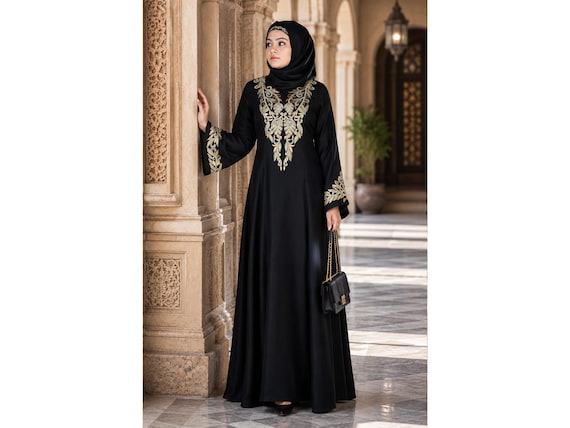 abaya dress with hijab black Luxorious Black Hijab Islamic Evening Gown 5383S