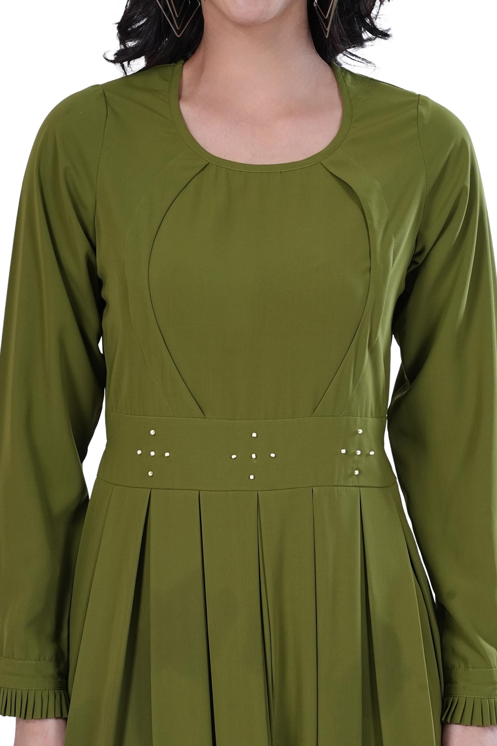 crepe olive green long sleeve dress product info and reviews Maxi Dress, Sleeve, Flowy A-line, Beaded Waistband, Fabric Fabric|Tech Duchess