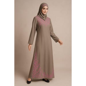 Khaki Rayon Abaya: Chain Stitch Embroidery, Hijab Included, Plus Size Available