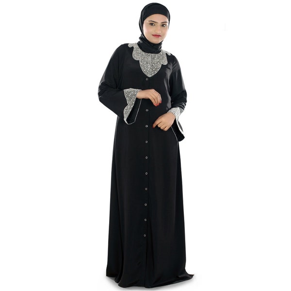 MyBatua fantaisie devant ouvert polyester noir abaya, robe style dubai pierre et dubai brodé à la main, vêtements islamique, AY-270