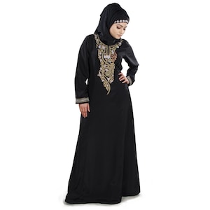 Round Neck, Nida Black Abaya, Floral Hand Embroidered Dress, Islamic Clothing, Plus Sizes Also Available With Length & Size Customisation
