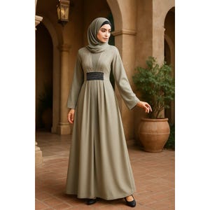 Beaded Warm Grey Nida Abaya: Islamic Dress with Hijab
