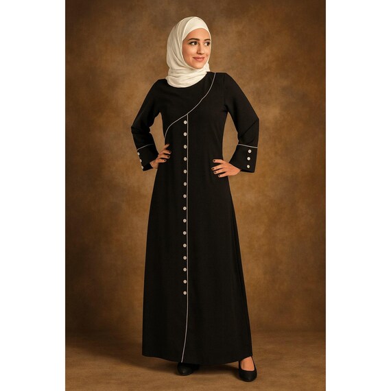 Black Abaya Maxi Dress | Contrast Piping, Button Detail, Long Sleeve Islamic Clothing Black Abaya Maxi Dress | Contrast Piping, Button Detail, Long Sleeve Islamic Clothing