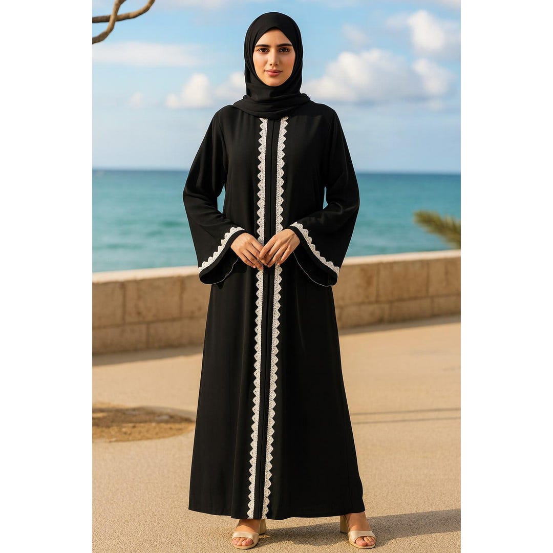 Abaya en nida noire avec bordure en dentelle robe islamique de