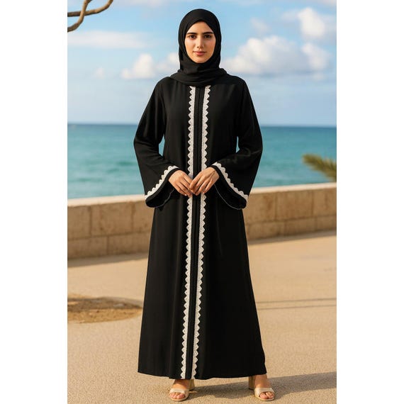 Black Dubai Abaya with White Lace Trim | Elegant Open Front Islamic Maxi Dress