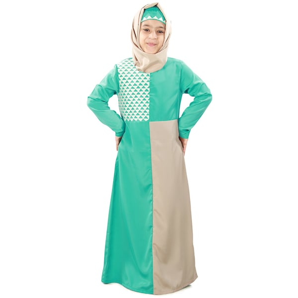 MyBatua Fancy Warm Grey Green And Turquoise Long Stylish Embroidered Kid Abaya, Kids Causal And Party Wear Gown, Jilbab, Jalabiya, AY-384-K