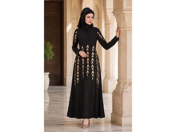 black and gold modest dress Modest Long Sleeve Golden ChiffonDress  HAREM's Brides