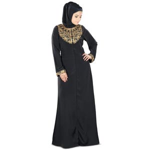 MyBatua Fancy Gold And Black Hand Embroidered Abaya, Modern Front Open Stylish Muslim Women Gown, Islamic Clothing, Jilbab, Jalabiya Ay-352
