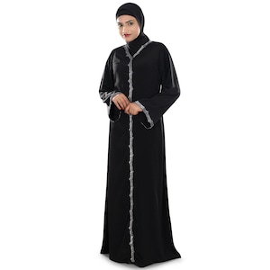 Front Open Abaya, V-Neck, Adda Hand Embroidery Work, Snap Button Closure, Hijab Included, Plus Size Available With Size Length Customisation