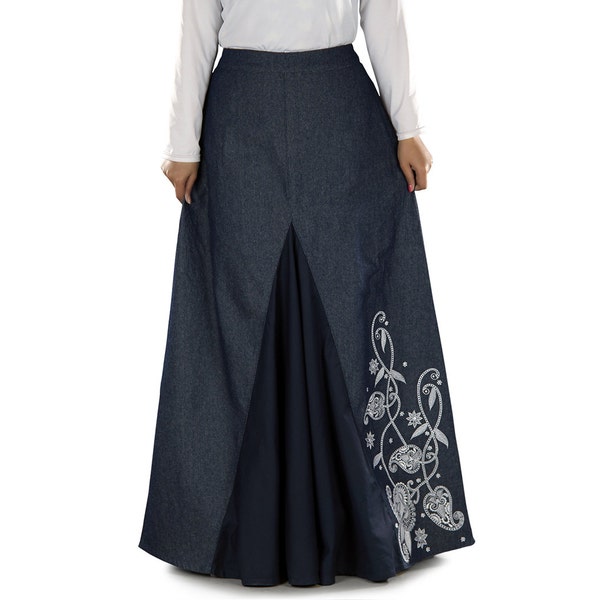 Jupe brodée en denim bleu fantaisie MyBatua, tenue musulmane pour dames formelles et décontractées, culotte longue, vêtements AS-012