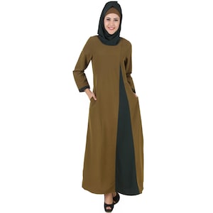 Olive Green Kashibo Abaya: Contrast Godet Panel, Hijab Included