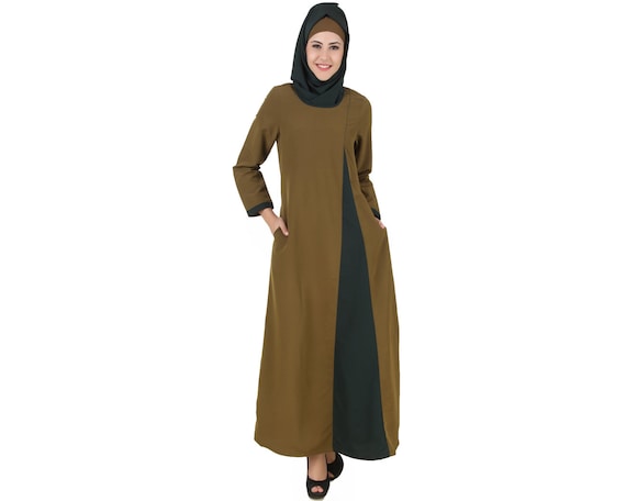 Olive Green Two-Tone Abaya Dress with Pockets | Modest Maxi Outfit