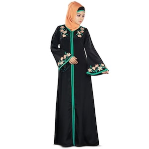 MyBatua Islamic Women Graceful Black Polycrepe Abaya, Front Open Embroidered Fancy Gown, Islamic Women Clothing, Jilbab, Jalabiya, AY-371