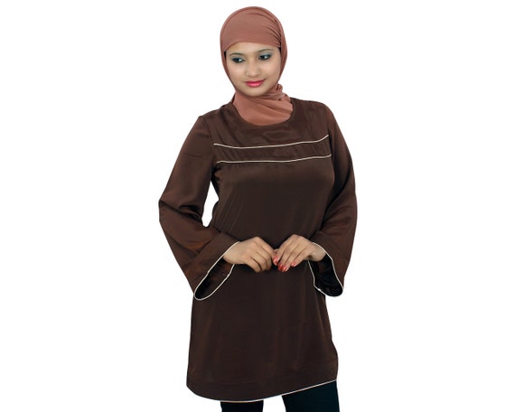 Mybatua Muslim Women Modern Brown Polyester Tunic, Trendy Casual and Formal  Wear Long Plain Kurti, Islamic Clothing, Elegant Top, KRF-032 